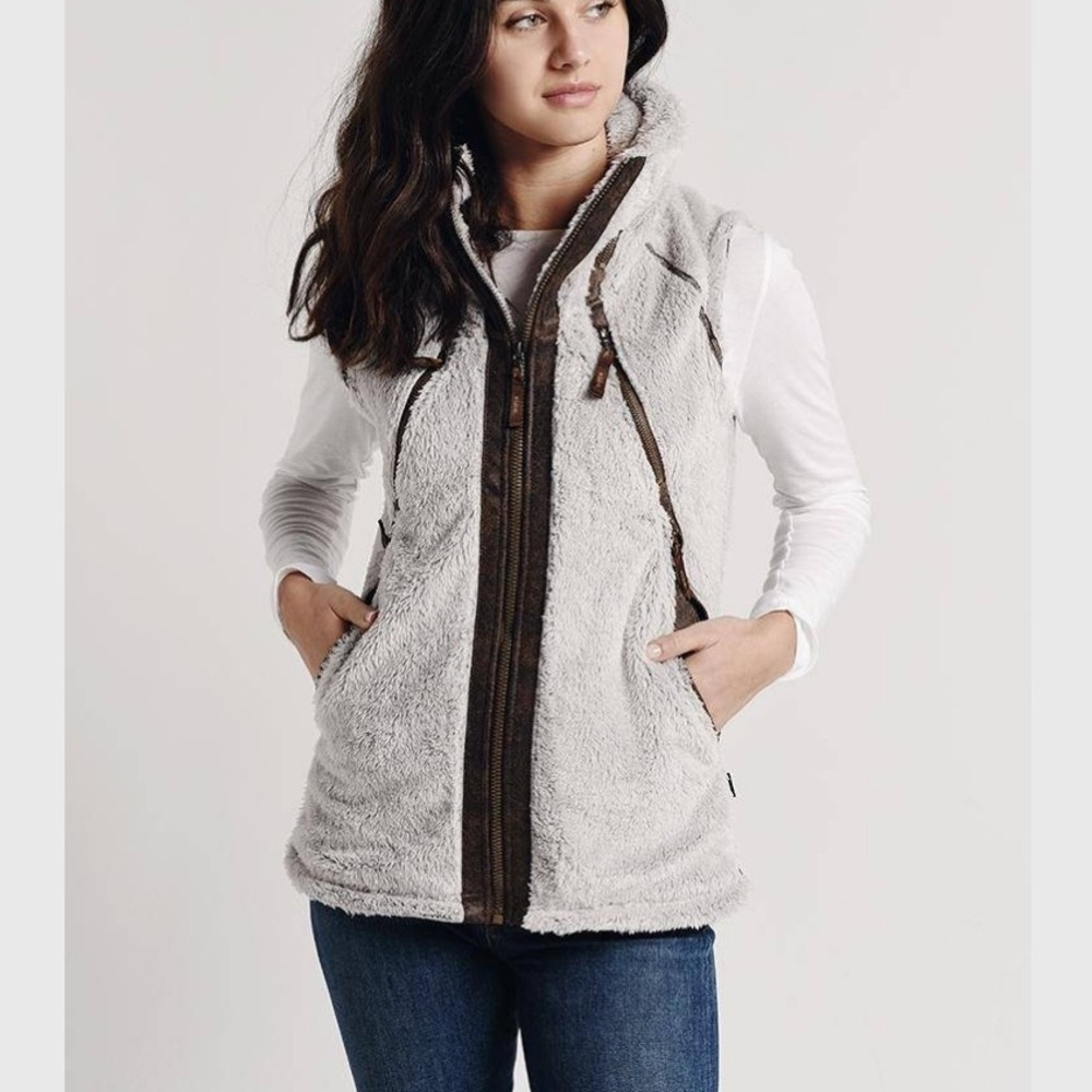 KÜHL Flight Vest Womens S Sherpa Fleece Zip Out Hood Gray Brown Gorpcore Alpine